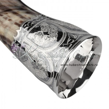 Рог тура серебряный, с питьевой чашей! , арт №1331/1 Рог тура серебряный, с питьевой чашей!