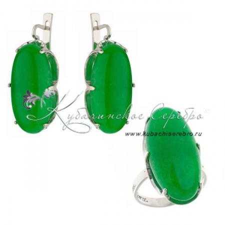 Комплект серебряный с зеленым агатом, арт №8366/3 Комплект серебряный с зеленым агатом