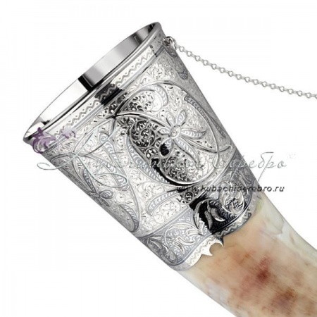 Рог быка серебряный, с питьевой чашей на 280 мл , арт №1329 Рог быка серебряный, с питьевой чашей на 280 мл