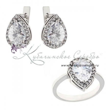 Комплект серебряный Капелька с белым камнем