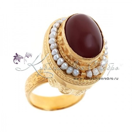 Кольцо кубачинское высокое с сердоликом и мелким жемчугом (Новинка) , арт №6751 Кольцо кубачинское высокое с сердоликом и мелким жемчугом (Новинка)
