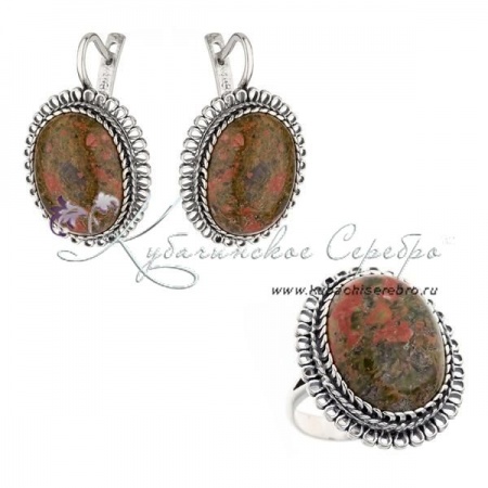 Комплект серебряный, камень кабошон унакит