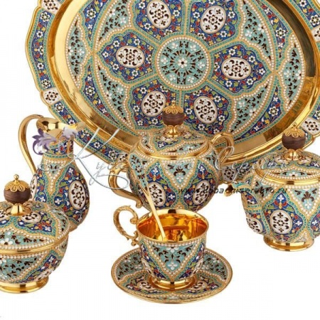 Сервиз чайный с позолотой и круговой горячей эмалью , арт №8224 Сервиз чайный с позолотой и круговой горячей эмалью
