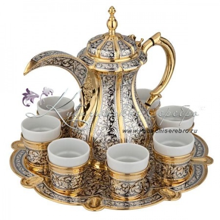Сервиз кофейный с позолотой и чернением на 8 персон , арт №6870 Сервиз кофейный с позолотой и чернением на 8 персон