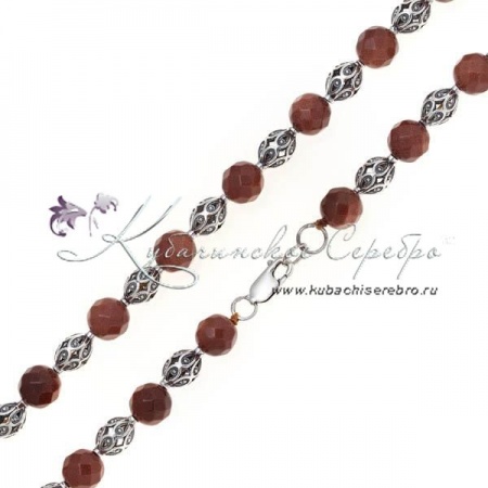 Бусы серебряные, камень золотой песок