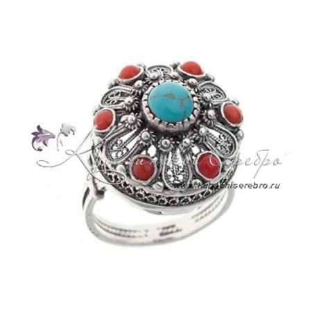 Кольцо с бирюзой и кораллом