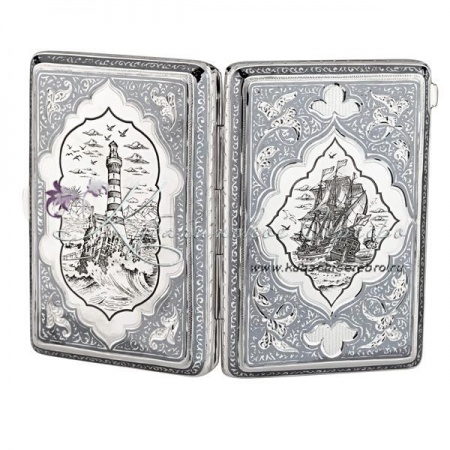 Портсигар с чернением Корабль & Маяк 