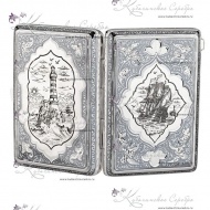 Портсигар с чернением "Корабль & Маяк"  3094/1
