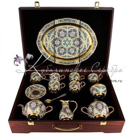 Сервиз чайный с позолотой и круговой горячей эмалью , арт №8224 Сервиз чайный с позолотой и круговой горячей эмалью
