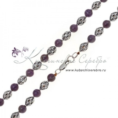 Бусы серебряные, камень чароит