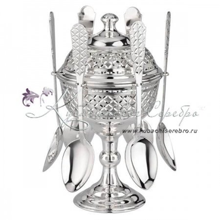 Икорница серебряная с ложками, с алмазной огранкой!