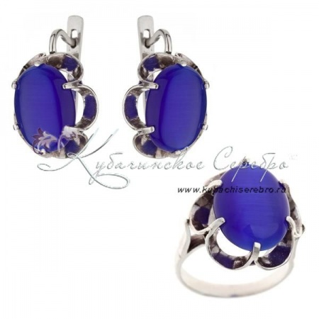 Серебряный комплект, камень кошачий глаз