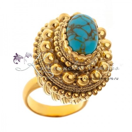 Кубачинское высокое позолоченное кольцо с бирюзой , арт №8367/4 Кубачинское высокое позолоченное кольцо с бирюзой