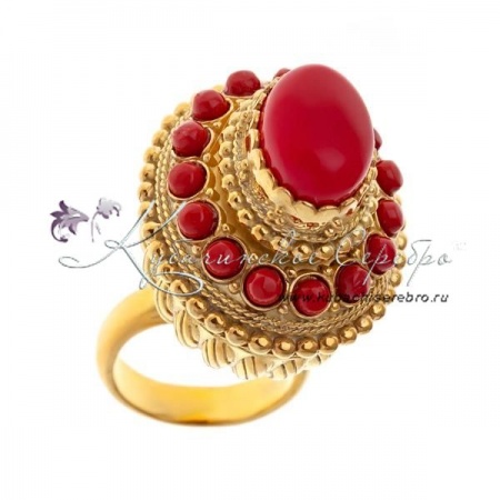 Кольцо позолоченное кубачинское с кораллом , арт №8368/3 Кольцо позолоченное кубачинское с кораллом