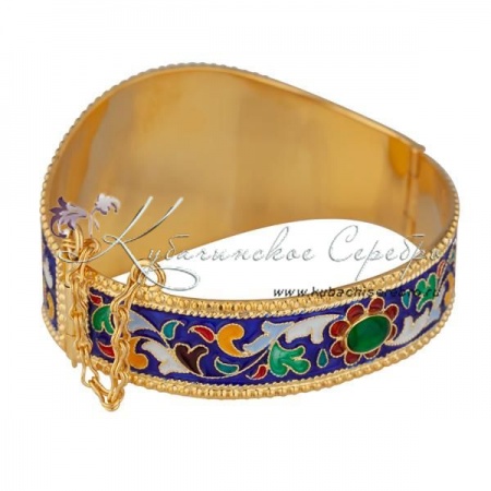 Браслет с горячей эмалью и зеленым камнем 
