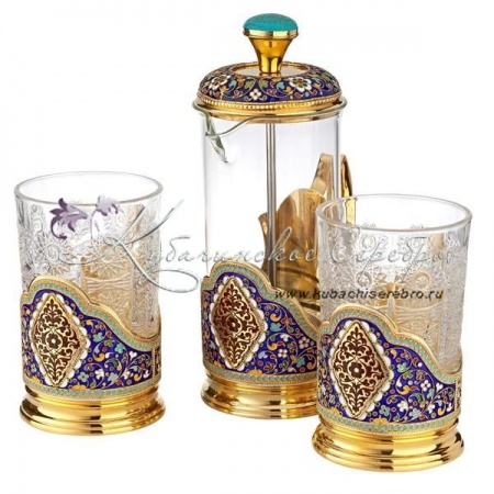 Чайный набор с позолотой и горячей эмалью , арт №7268 Чайный набор с позолотой и горячей эмалью