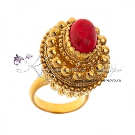 Кубачинское высокое позолоченное кольцо с кораллом , арт №8367/3 Кубачинское высокое позолоченное кольцо с кораллом