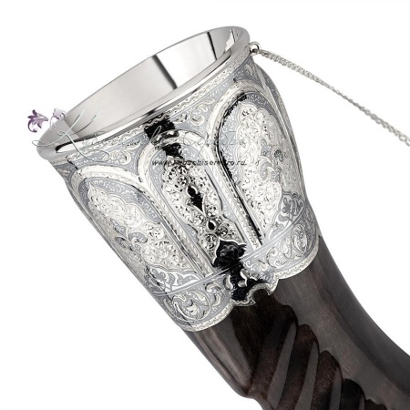 Рог тура серебряный, с питьевой чашей! 