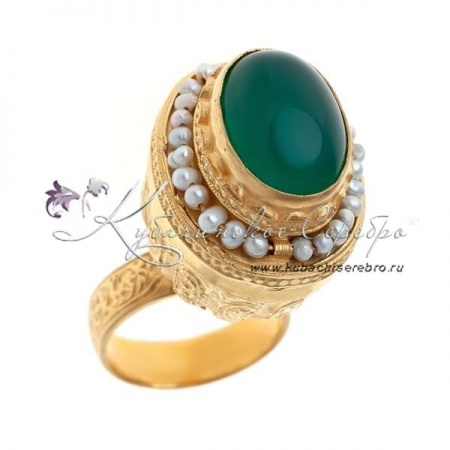 Кольцо кубачинское высокое с нефритом и мелким жемчугом (Новинка) , арт №6751/1  Кольцо кубачинское высокое с нефритом и мелким жемчугом (Новинка)