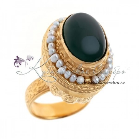 Кольцо кубачинское высокое с хризопразом и мелким жемчугом (Новинка) 