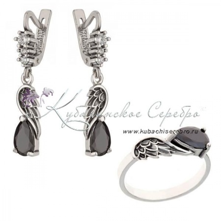 Комплект из серебра  Комплект из серебра Крылья с черным камнем