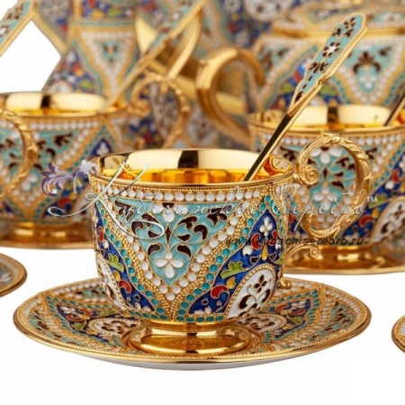 Сервиз чайный с позолотой и круговой горячей эмалью , арт №8224 Сервиз чайный с позолотой и круговой горячей эмалью